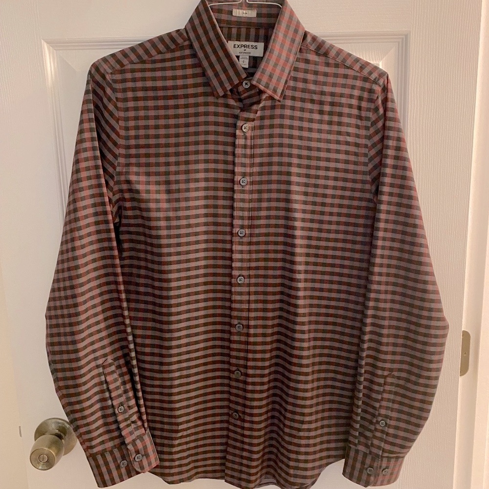 Express Men’s Performance Stretch Button Down, Size S, Red/Black Checkered